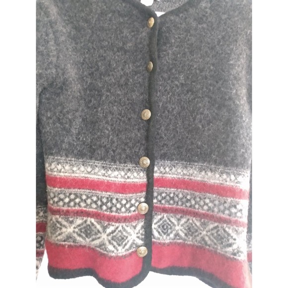 Vintage Tally Ho Women's Off-Black Gray Dark Red Wool Cardigan Sweater L - Picture 2 of 16